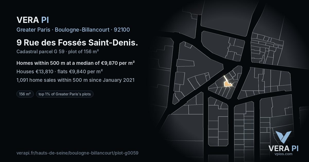 9 Rue des Fossés Saint-Denis, Boulogne-Billancourt at night – the plot lit, the parcels around coloured by the prices near them