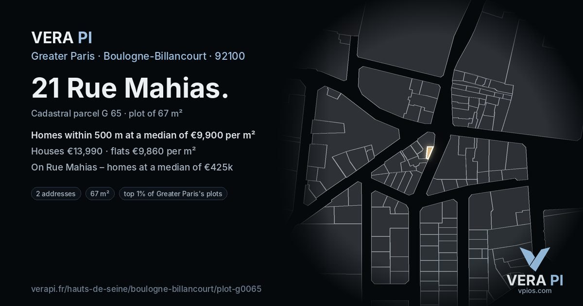 21 Rue Mahias, Boulogne-Billancourt at night – the plot lit, the parcels around coloured by the prices near them