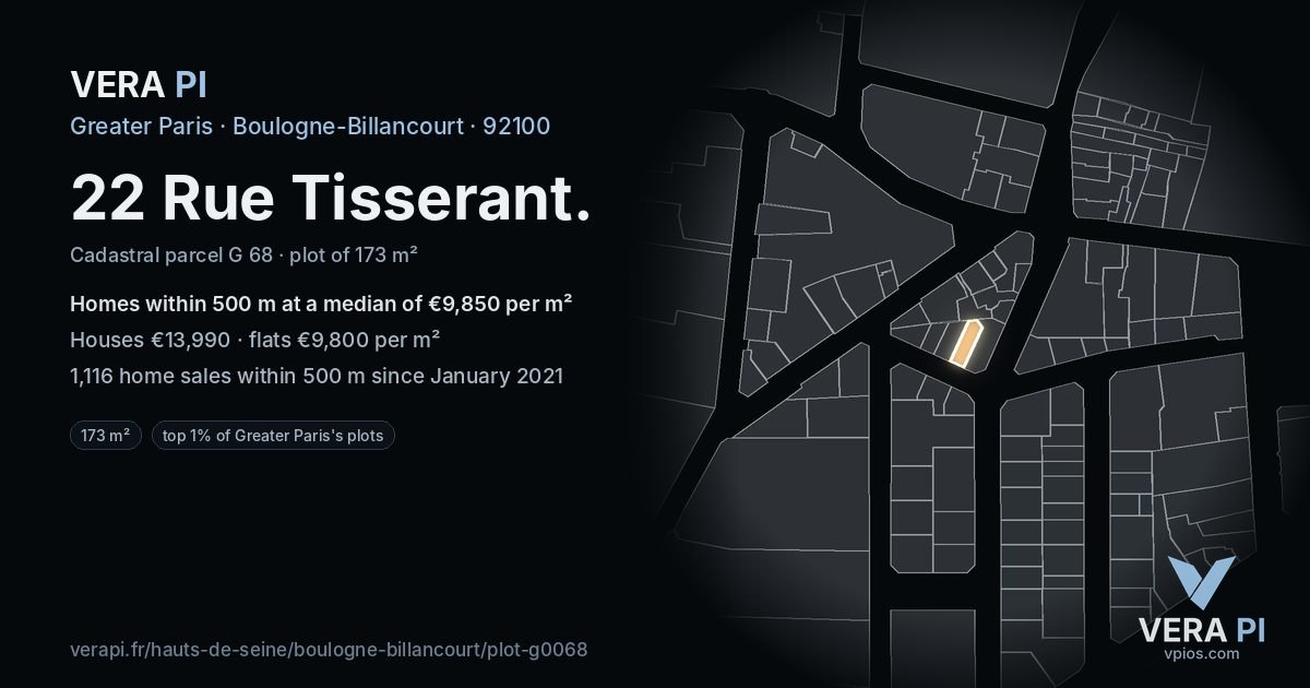 22 Rue Tisserant, Boulogne-Billancourt at night – the plot lit, the parcels around coloured by the prices near them