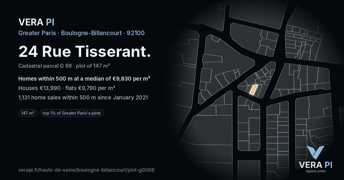 24 Rue Tisserant, Boulogne-Billancourt at night – the plot lit, the parcels around coloured by the prices near them
