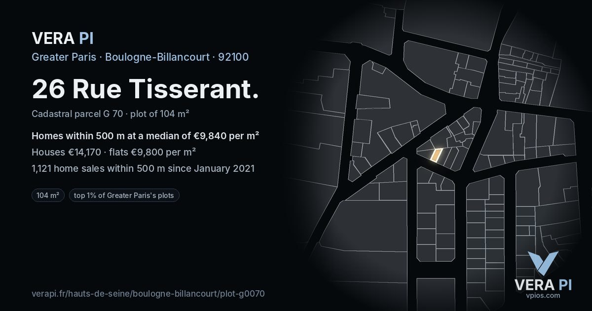 26 Rue Tisserant, Boulogne-Billancourt at night – the plot lit, the parcels around coloured by the prices near them