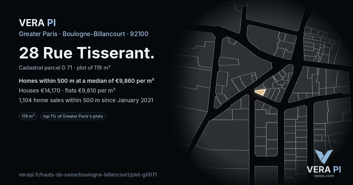 28 Rue Tisserant, Boulogne-Billancourt at night – the plot lit, the parcels around coloured by the prices near them