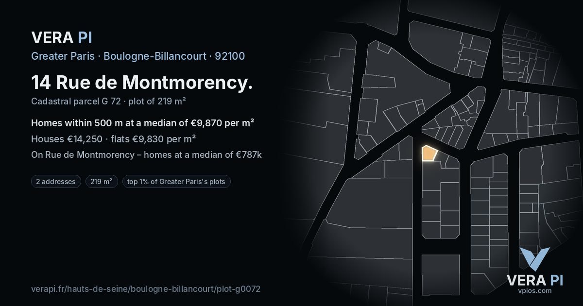 14 Rue de Montmorency, Boulogne-Billancourt at night – the plot lit, the parcels around coloured by the prices near them