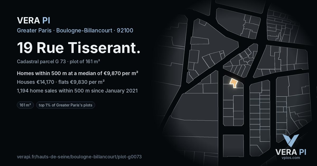19 Rue Tisserant, Boulogne-Billancourt at night – the plot lit, the parcels around coloured by the prices near them