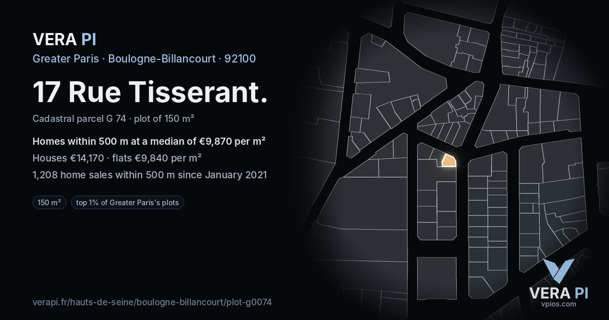 17 Rue Tisserant, Boulogne-Billancourt at night – the plot lit, the parcels around coloured by the prices near them
