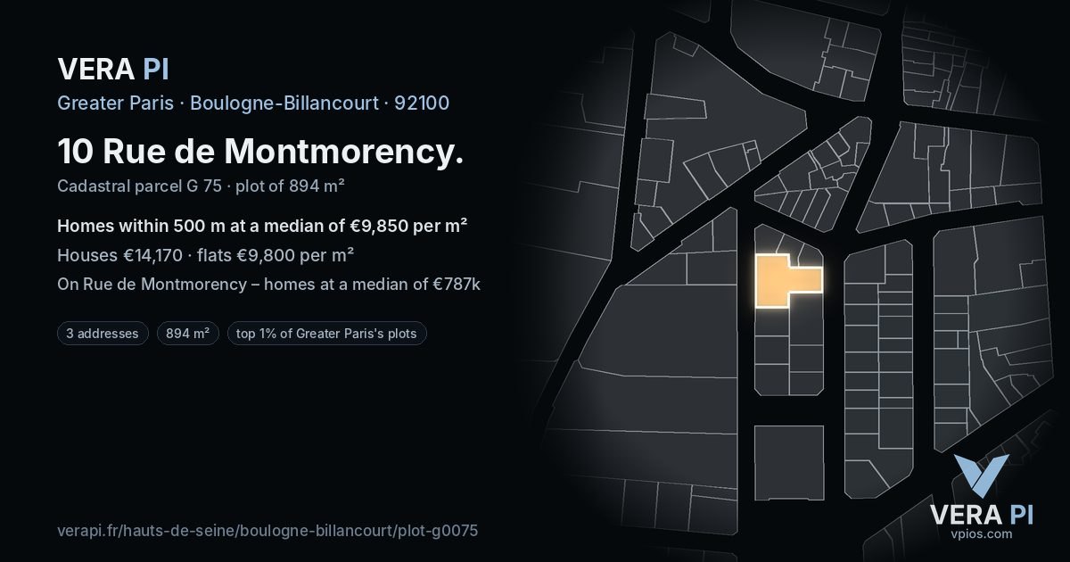 10 Rue de Montmorency, Boulogne-Billancourt at night – the plot lit, the parcels around coloured by the prices near them