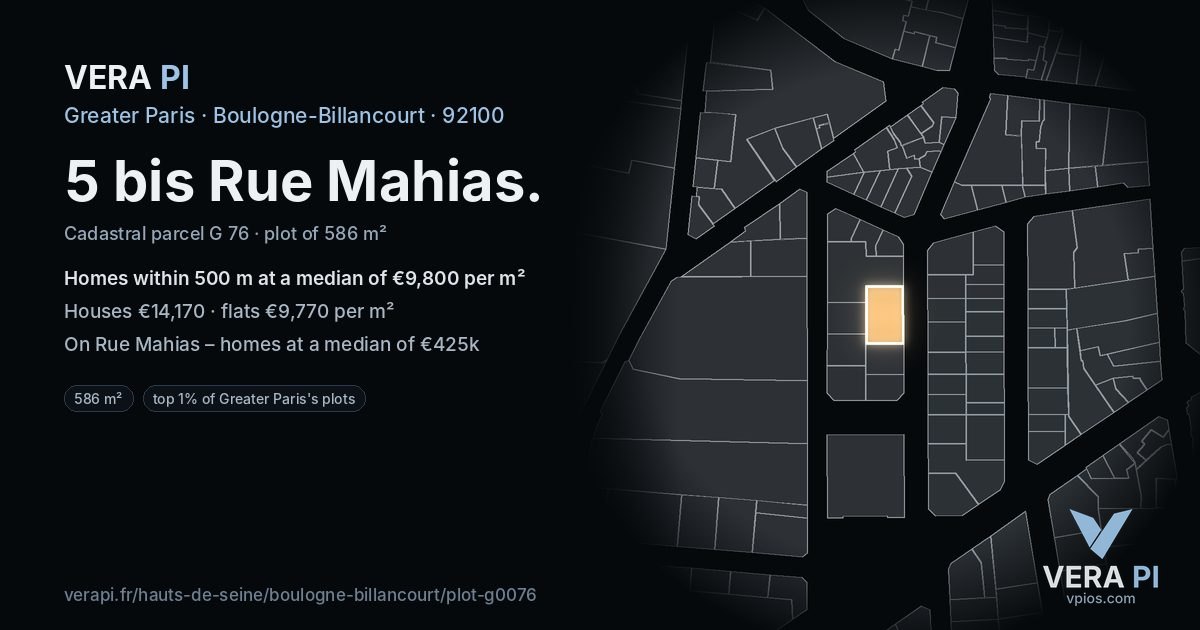 5 bis Rue Mahias, Boulogne-Billancourt at night – the plot lit, the parcels around coloured by the prices near them