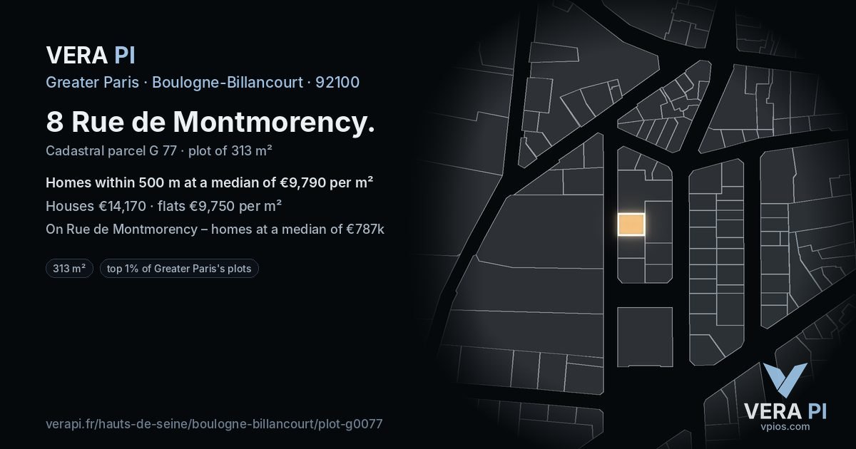 8 Rue de Montmorency, Boulogne-Billancourt at night – the plot lit, the parcels around coloured by the prices near them