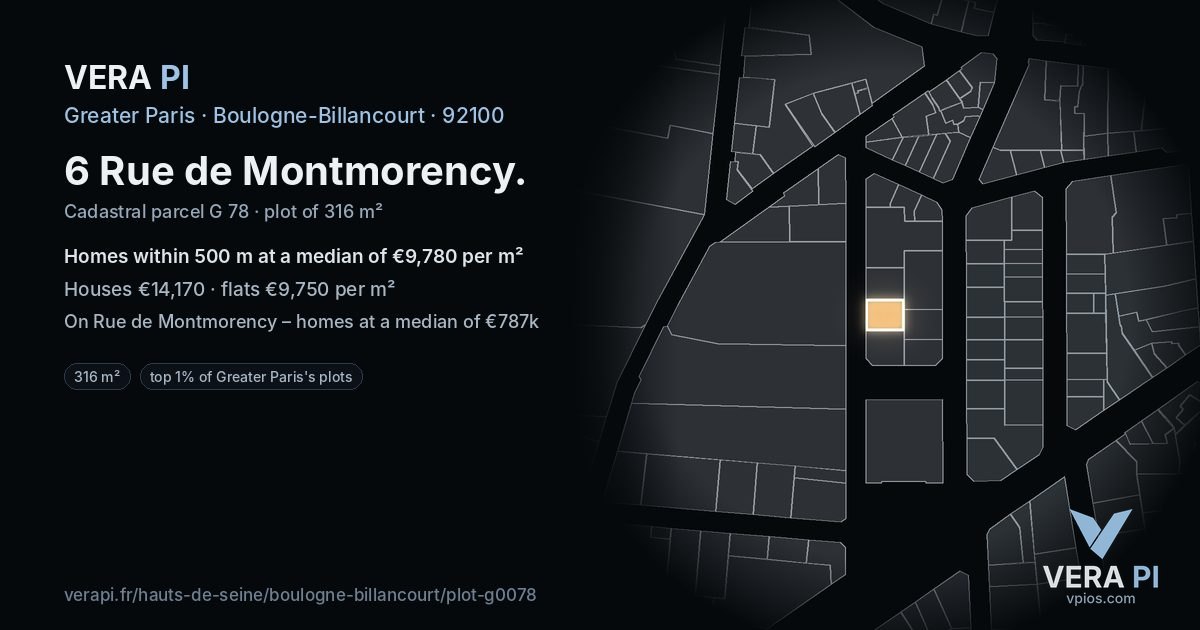 6 Rue de Montmorency, Boulogne-Billancourt at night – the plot lit, the parcels around coloured by the prices near them