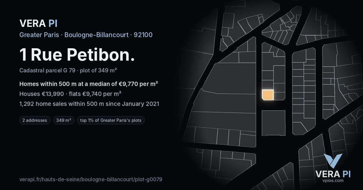 1 Rue Petibon, Boulogne-Billancourt at night – the plot lit, the parcels around coloured by the prices near them