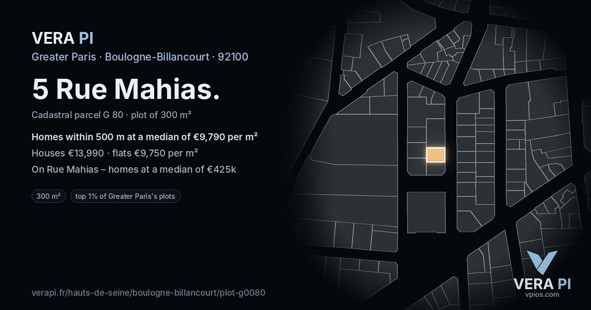 5 Rue Mahias, Boulogne-Billancourt at night – the plot lit, the parcels around coloured by the prices near them