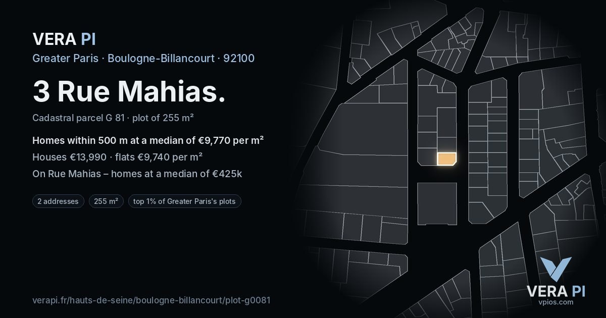 3 Rue Mahias, Boulogne-Billancourt at night – the plot lit, the parcels around coloured by the prices near them