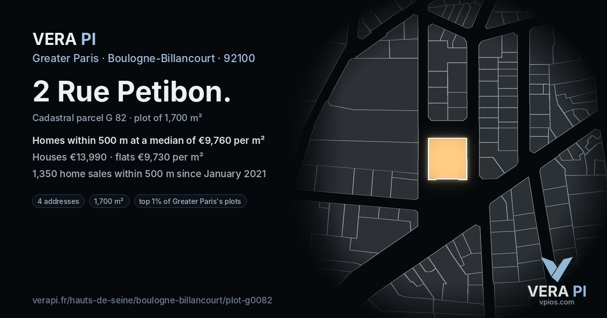 2 Rue Petibon, Boulogne-Billancourt at night – the plot lit, the parcels around coloured by the prices near them