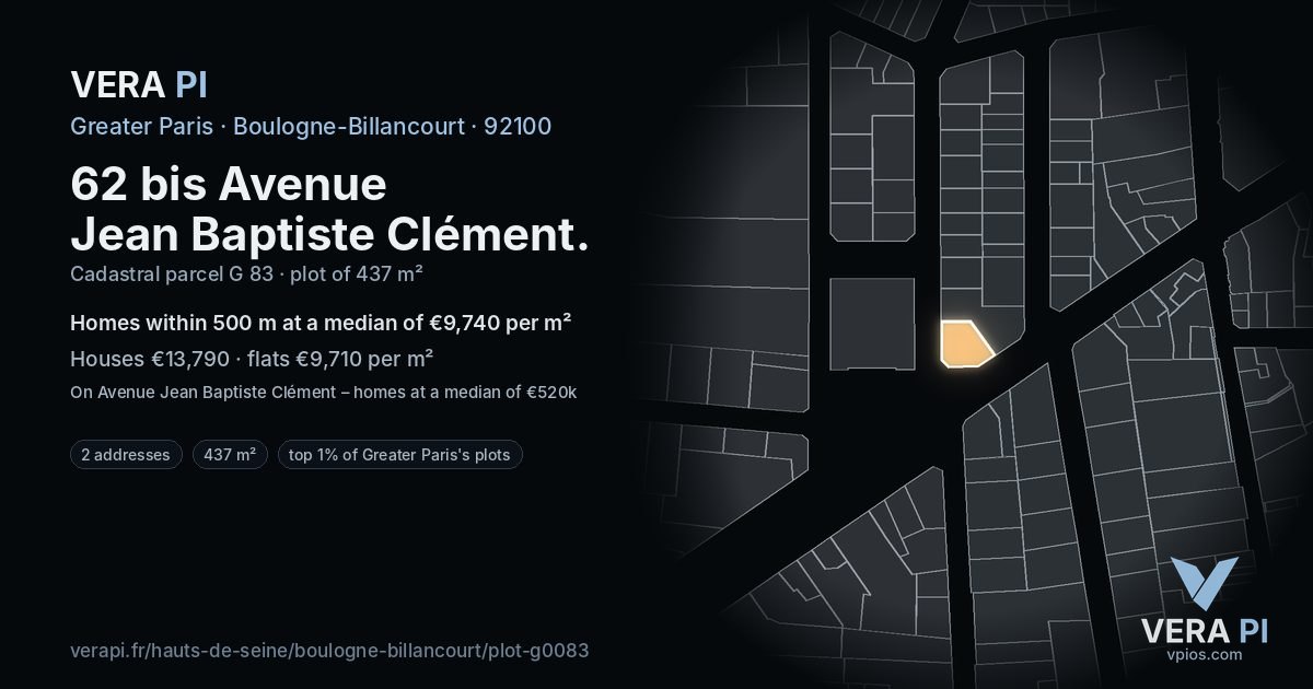 62 bis Avenue Jean Baptiste Clément, Boulogne-Billancourt at night – the plot lit, the parcels around coloured by the prices near them