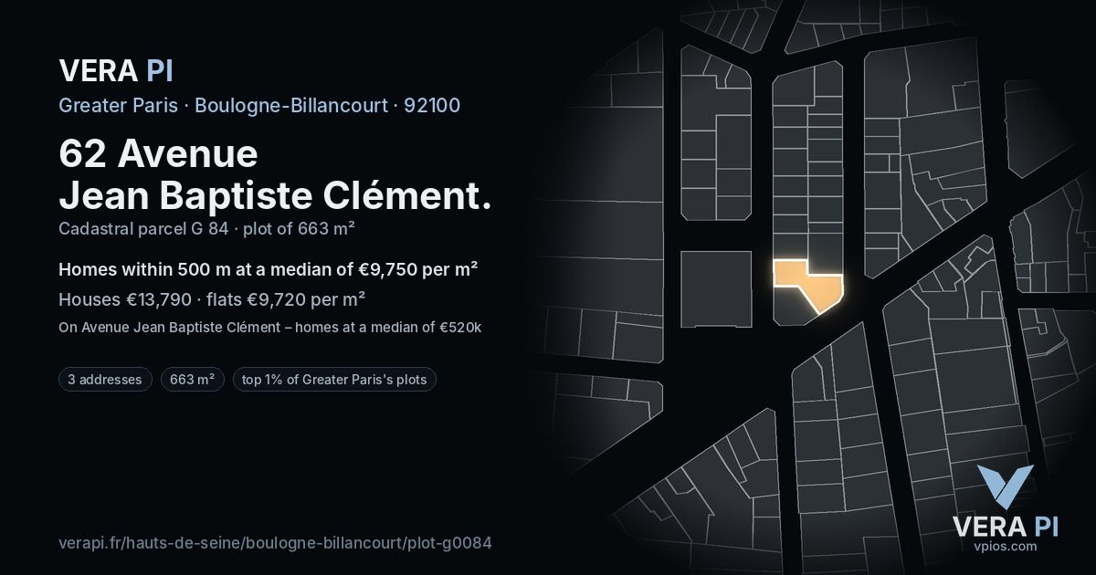 62 Avenue Jean Baptiste Clément, Boulogne-Billancourt at night – the plot lit, the parcels around coloured by the prices near them