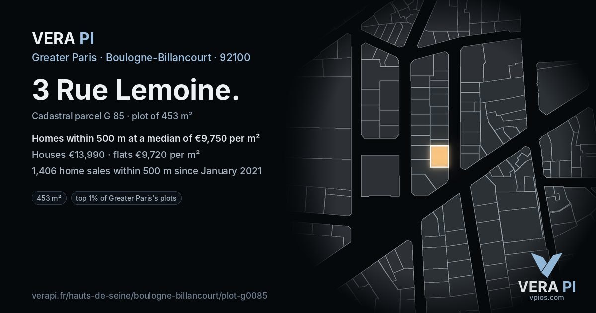 3 Rue Lemoine, Boulogne-Billancourt at night – the plot lit, the parcels around coloured by the prices near them