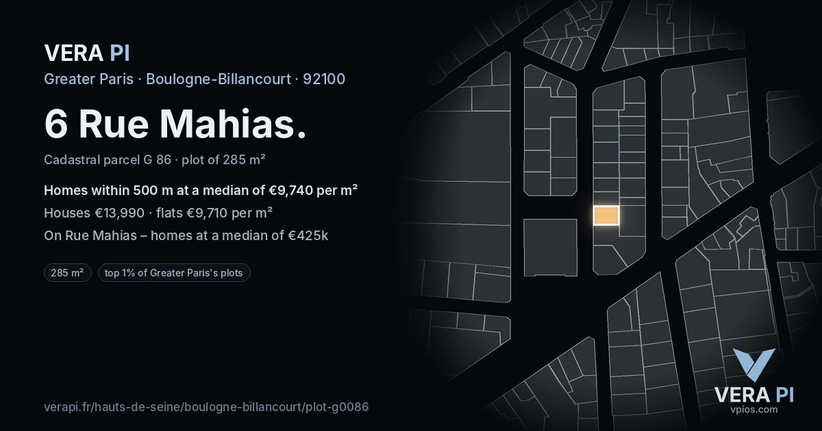 6 Rue Mahias, Boulogne-Billancourt at night – the plot lit, the parcels around coloured by the prices near them