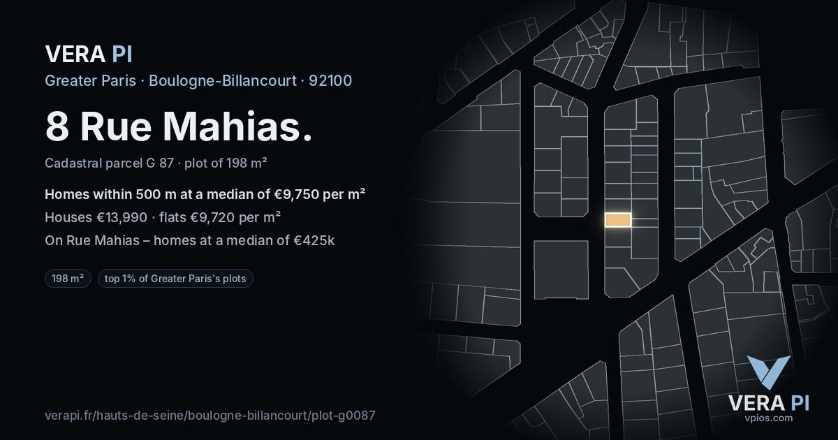 8 Rue Mahias, Boulogne-Billancourt at night – the plot lit, the parcels around coloured by the prices near them