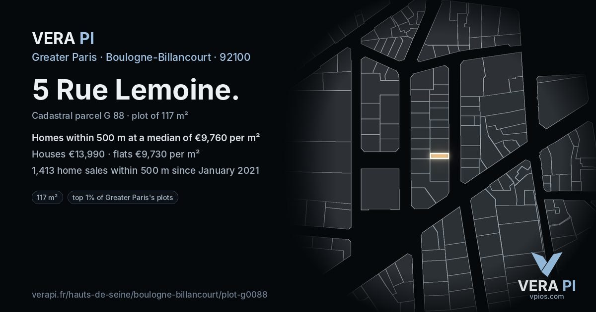 5 Rue Lemoine, Boulogne-Billancourt at night – the plot lit, the parcels around coloured by the prices near them