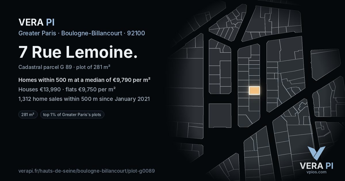 7 Rue Lemoine, Boulogne-Billancourt at night – the plot lit, the parcels around coloured by the prices near them