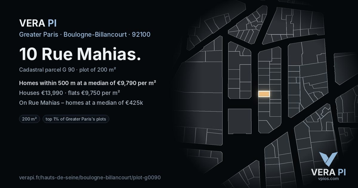 10 Rue Mahias, Boulogne-Billancourt at night – the plot lit, the parcels around coloured by the prices near them