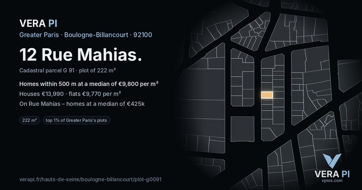 12 Rue Mahias, Boulogne-Billancourt at night – the plot lit, the parcels around coloured by the prices near them