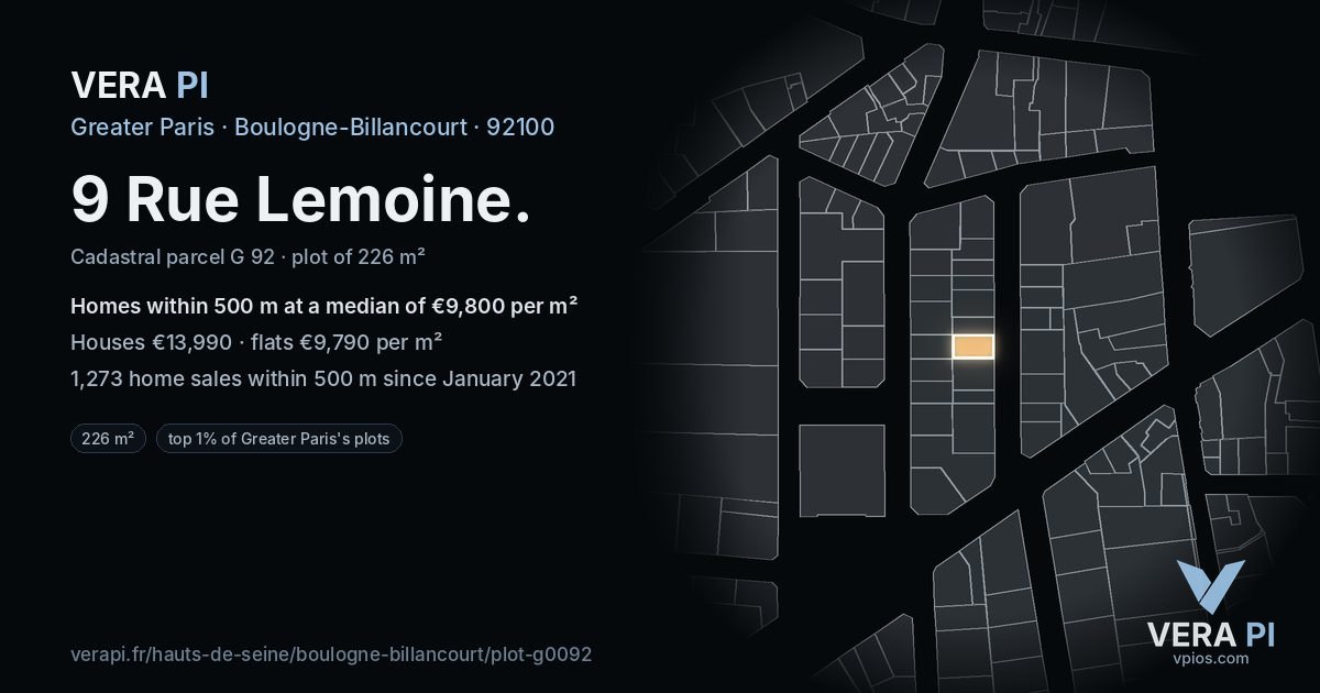 9 Rue Lemoine, Boulogne-Billancourt at night – the plot lit, the parcels around coloured by the prices near them