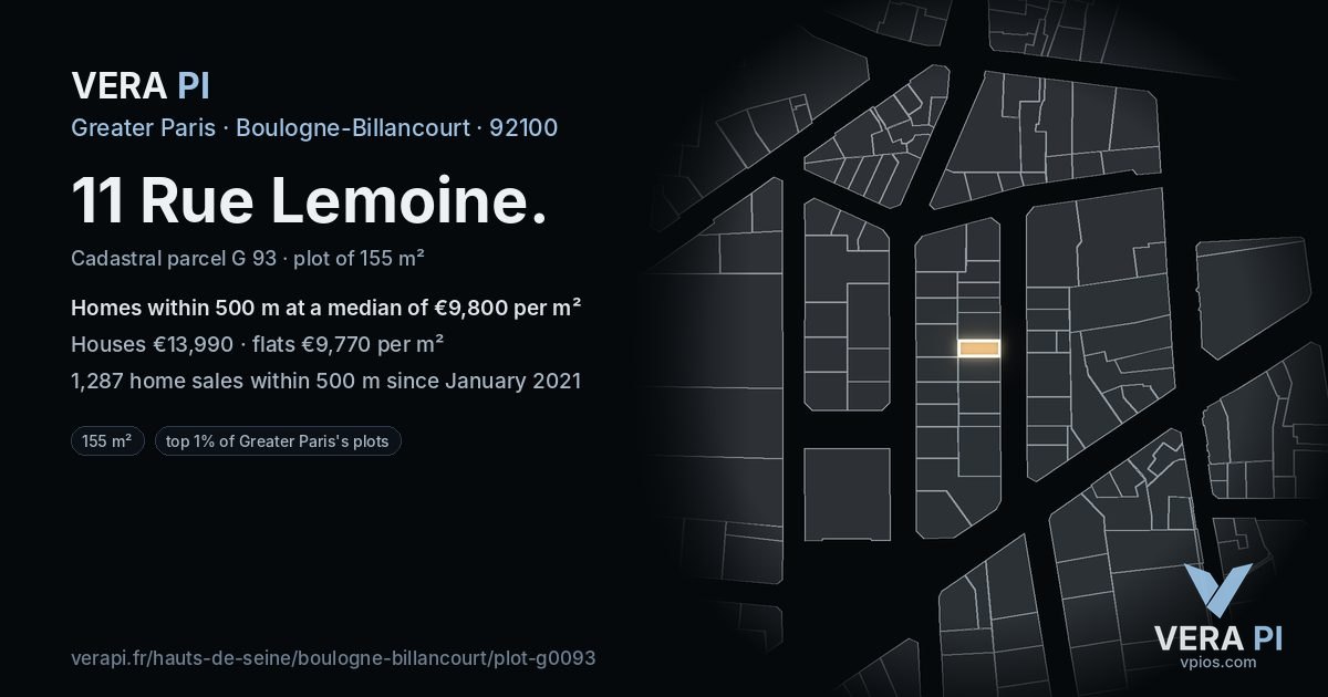11 Rue Lemoine, Boulogne-Billancourt at night – the plot lit, the parcels around coloured by the prices near them