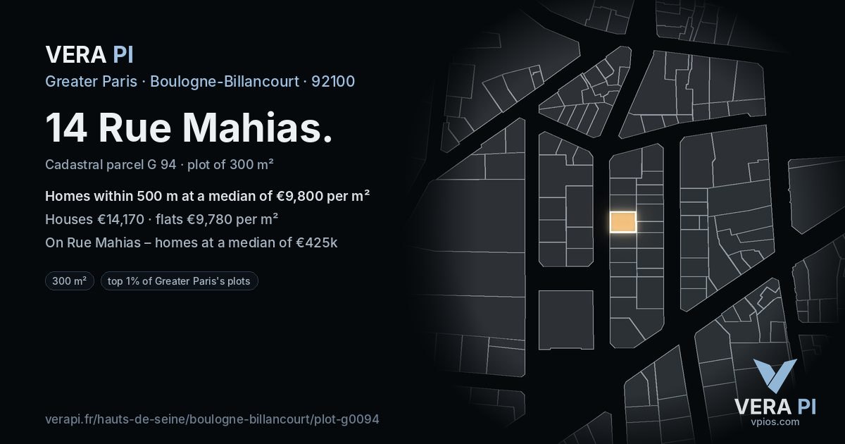 14 Rue Mahias, Boulogne-Billancourt at night – the plot lit, the parcels around coloured by the prices near them