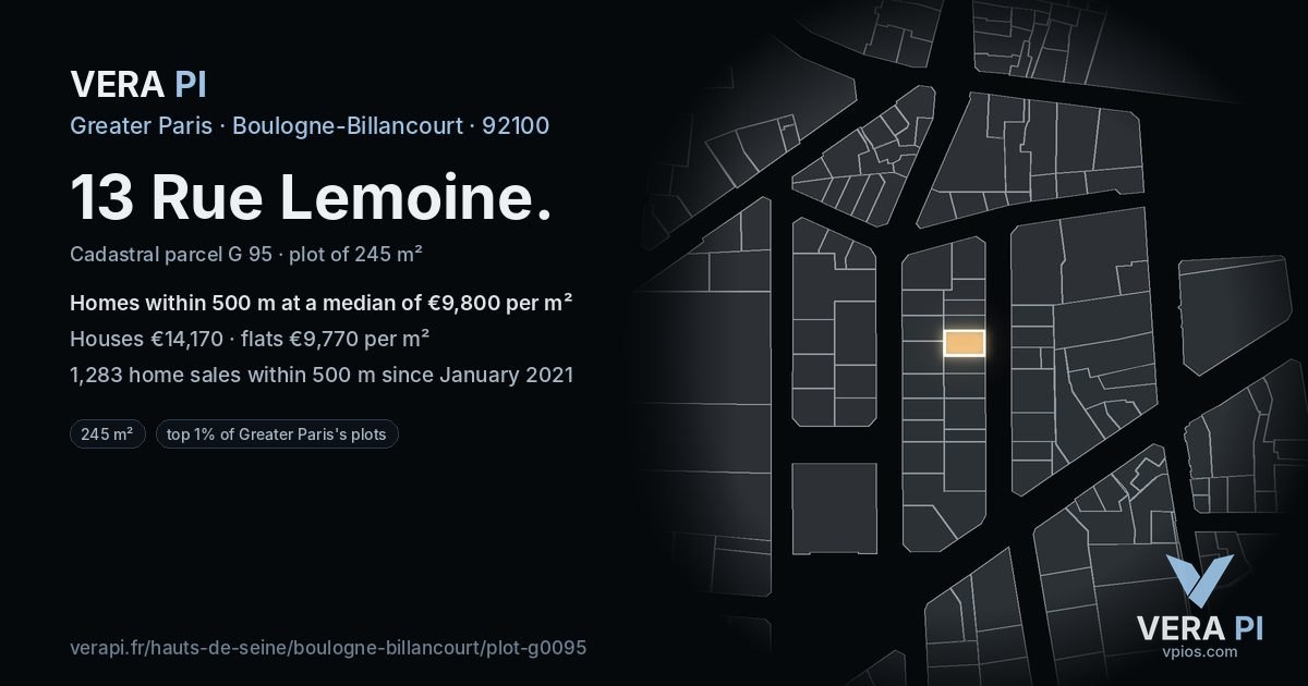 13 Rue Lemoine, Boulogne-Billancourt at night – the plot lit, the parcels around coloured by the prices near them