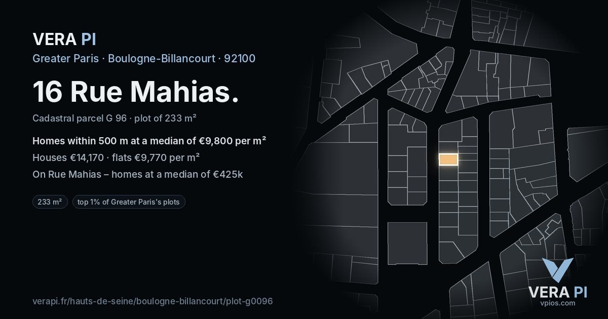 16 Rue Mahias, Boulogne-Billancourt at night – the plot lit, the parcels around coloured by the prices near them