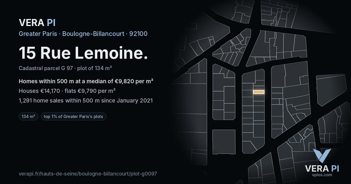 15 Rue Lemoine, Boulogne-Billancourt at night – the plot lit, the parcels around coloured by the prices near them