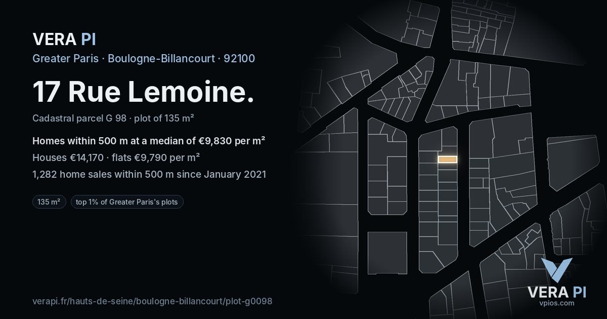 17 Rue Lemoine, Boulogne-Billancourt at night – the plot lit, the parcels around coloured by the prices near them