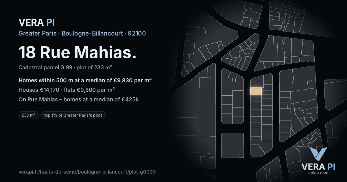 18 Rue Mahias, Boulogne-Billancourt at night – the plot lit, the parcels around coloured by the prices near them