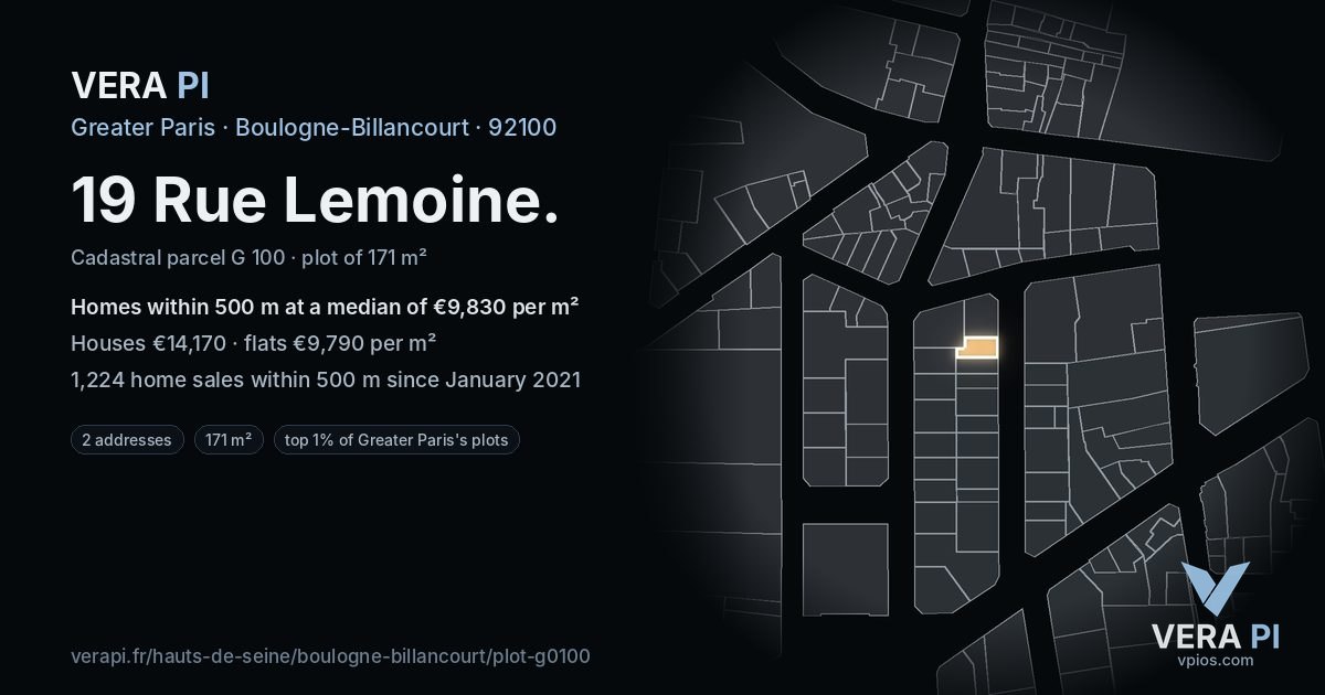 19 Rue Lemoine, Boulogne-Billancourt at night – the plot lit, the parcels around coloured by the prices near them