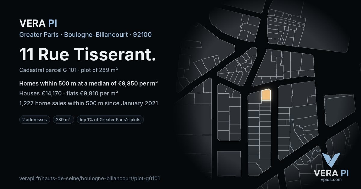 11 Rue Tisserant, Boulogne-Billancourt at night – the plot lit, the parcels around coloured by the prices near them
