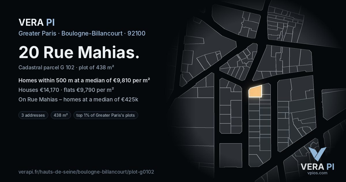 20 Rue Mahias, Boulogne-Billancourt at night – the plot lit, the parcels around coloured by the prices near them