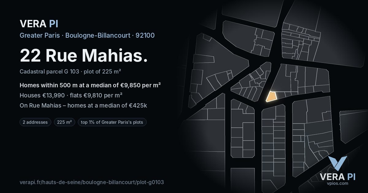 22 Rue Mahias, Boulogne-Billancourt at night – the plot lit, the parcels around coloured by the prices near them