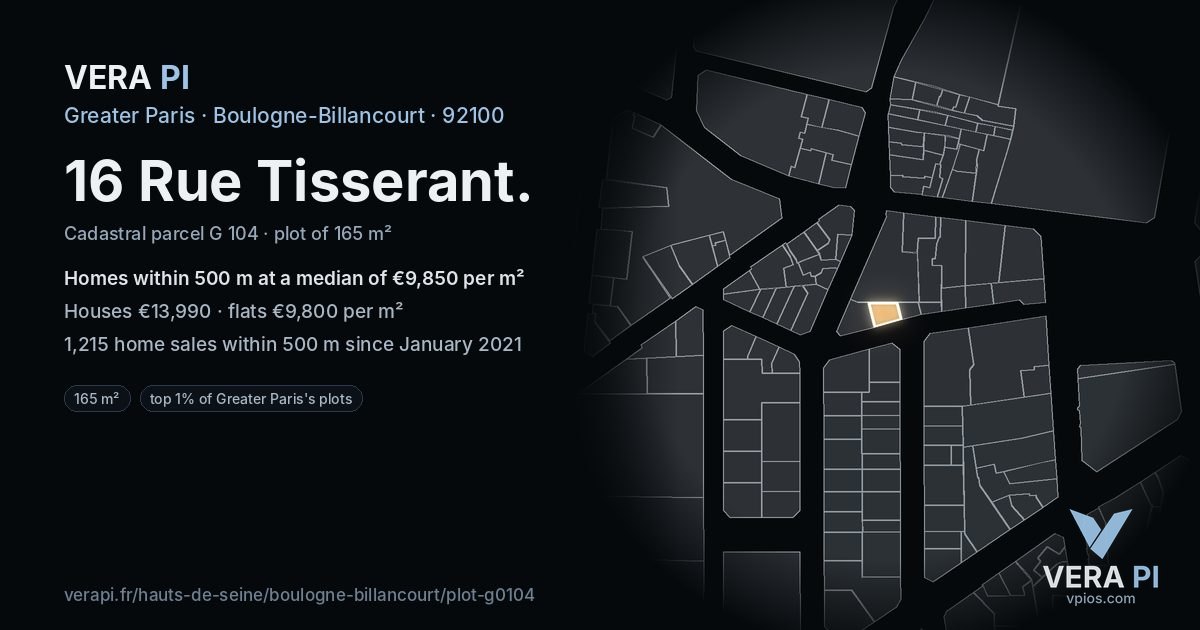 16 Rue Tisserant, Boulogne-Billancourt at night – the plot lit, the parcels around coloured by the prices near them