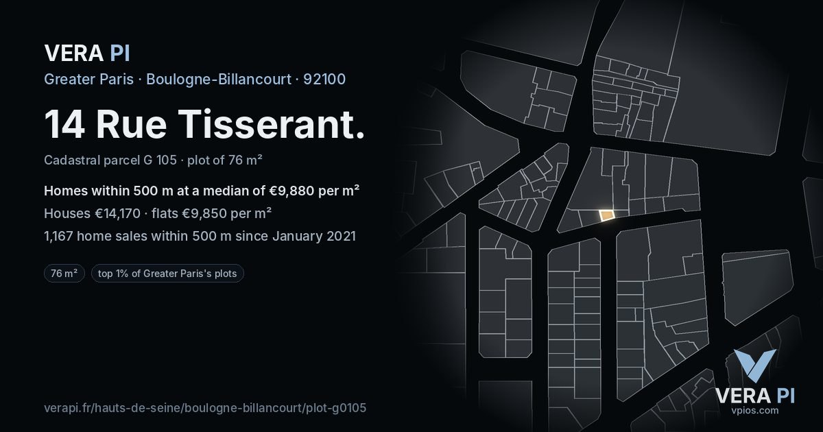 14 Rue Tisserant, Boulogne-Billancourt at night – the plot lit, the parcels around coloured by the prices near them