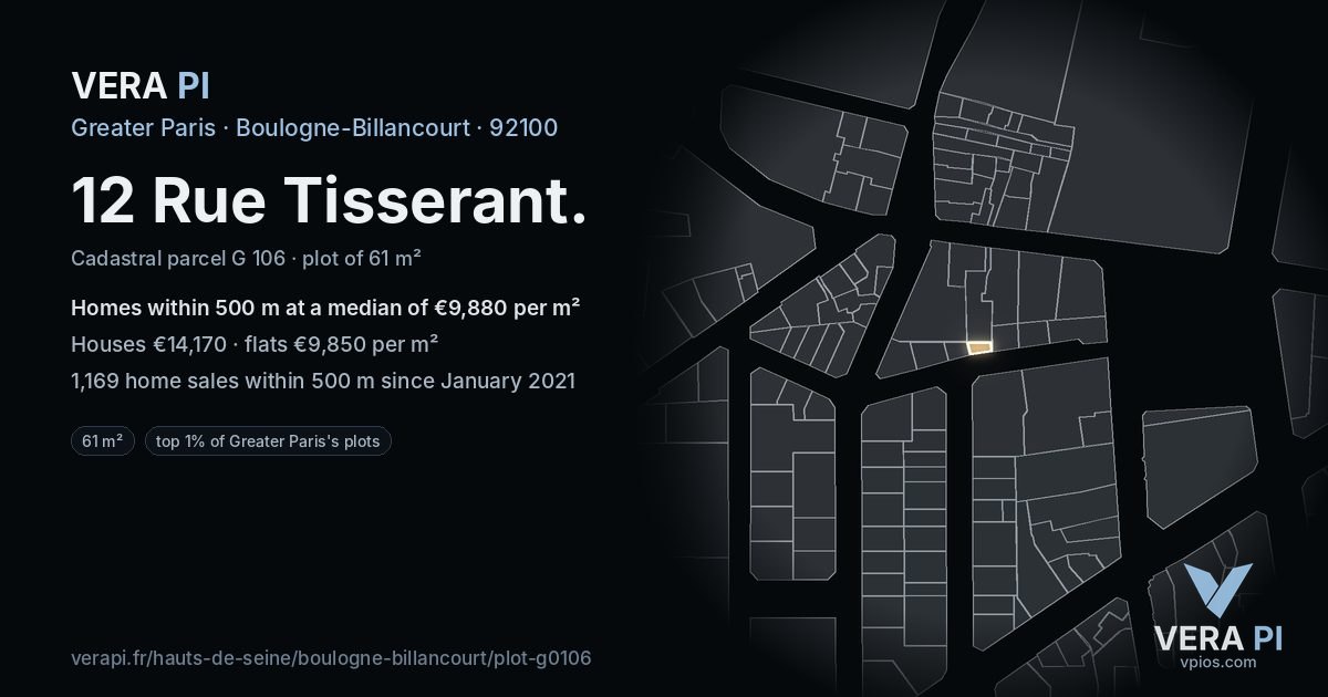 12 Rue Tisserant, Boulogne-Billancourt at night – the plot lit, the parcels around coloured by the prices near them