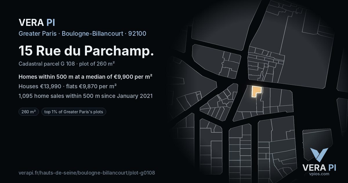 15 Rue du Parchamp, Boulogne-Billancourt at night – the plot lit, the parcels around coloured by the prices near them