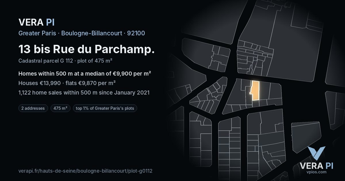 13 bis Rue du Parchamp, Boulogne-Billancourt at night – the plot lit, the parcels around coloured by the prices near them