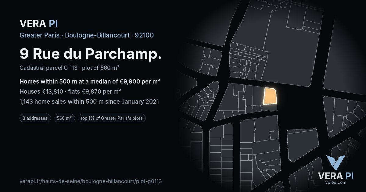 9 Rue du Parchamp, Boulogne-Billancourt at night – the plot lit, the parcels around coloured by the prices near them