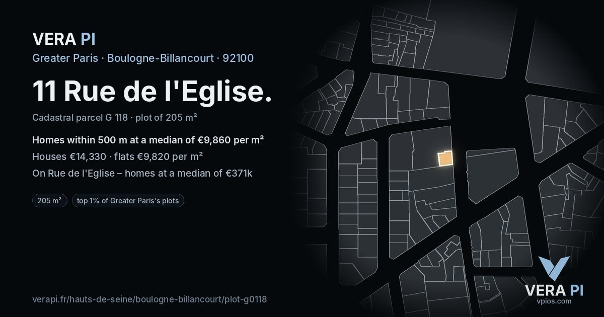 11 Rue de l'Eglise, Boulogne-Billancourt at night – the plot lit, the parcels around coloured by the prices near them