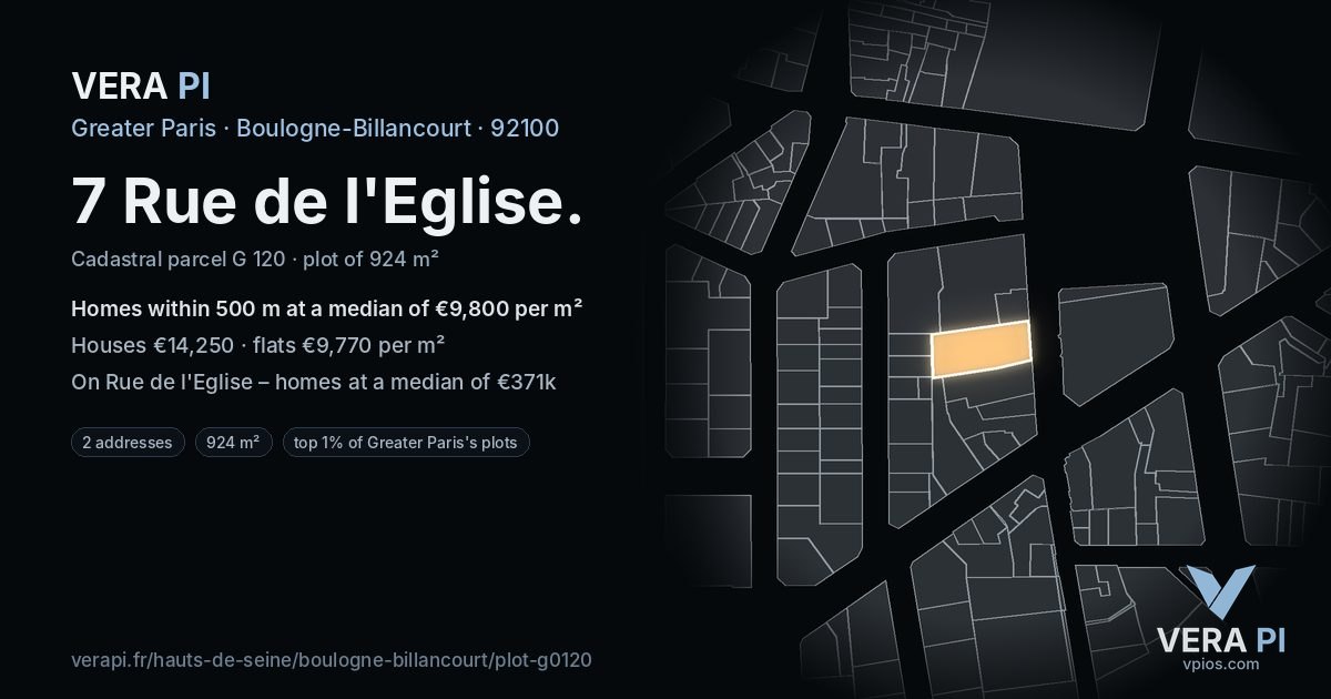7 Rue de l'Eglise, Boulogne-Billancourt at night – the plot lit, the parcels around coloured by the prices near them