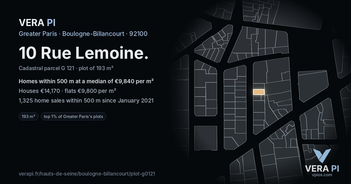 10 Rue Lemoine, Boulogne-Billancourt at night – the plot lit, the parcels around coloured by the prices near them