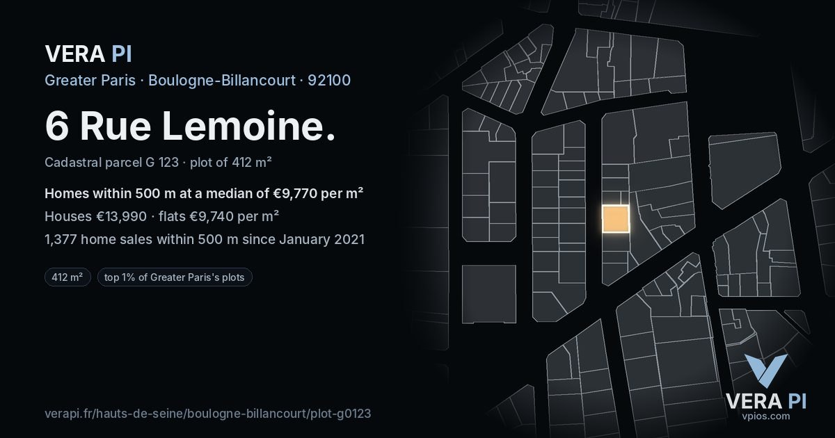 6 Rue Lemoine, Boulogne-Billancourt at night – the plot lit, the parcels around coloured by the prices near them