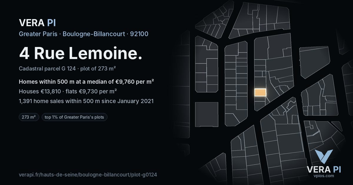 4 Rue Lemoine, Boulogne-Billancourt at night – the plot lit, the parcels around coloured by the prices near them