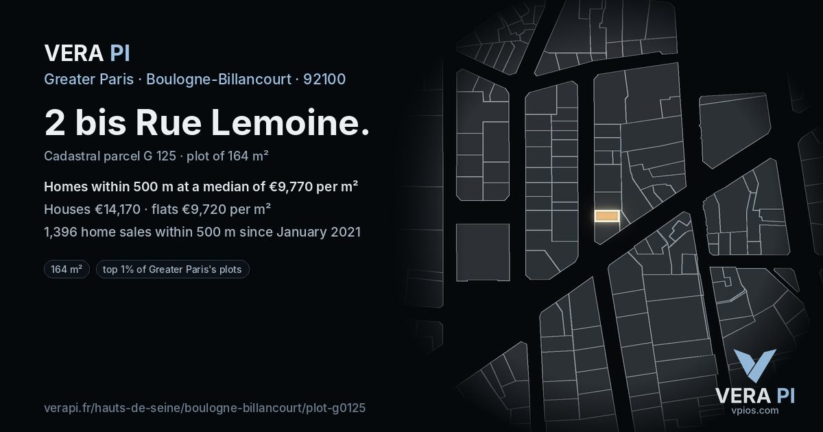 2 bis Rue Lemoine, Boulogne-Billancourt at night – the plot lit, the parcels around coloured by the prices near them